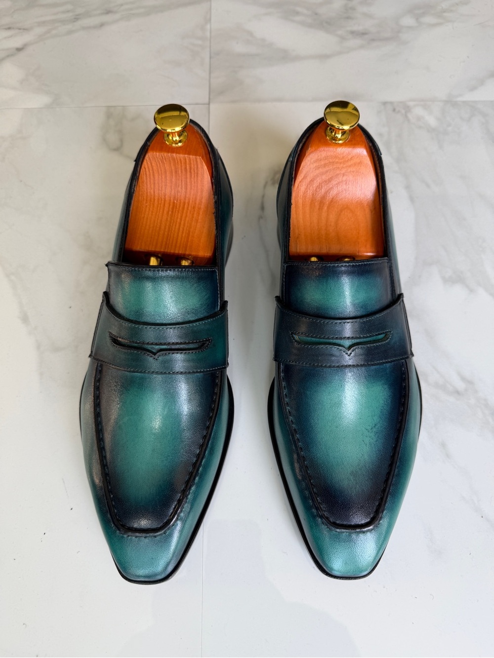 Men's Teal Green Leather Penny Loafers - Elegant Slip-On Dress Shoes